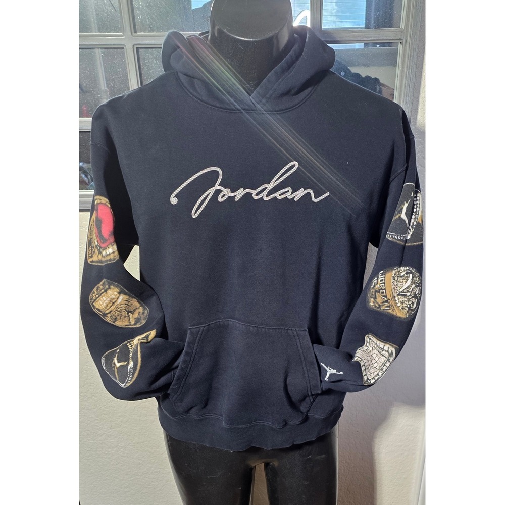 Jordan Mens Championship Rings Graphic Hoodie Black Script Logo Size M